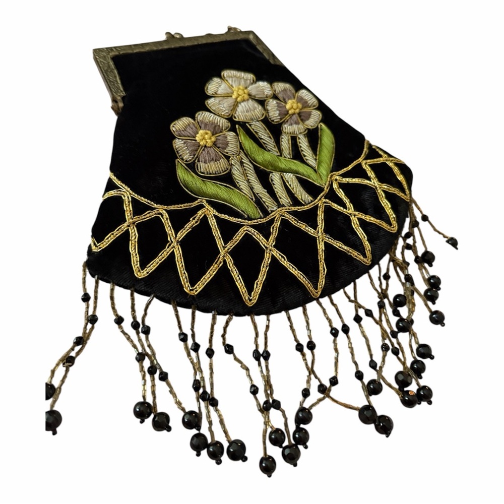 Vintage Hopeless Romantic Velvet Beaded Elegant Black and Gold Embroidered Bag